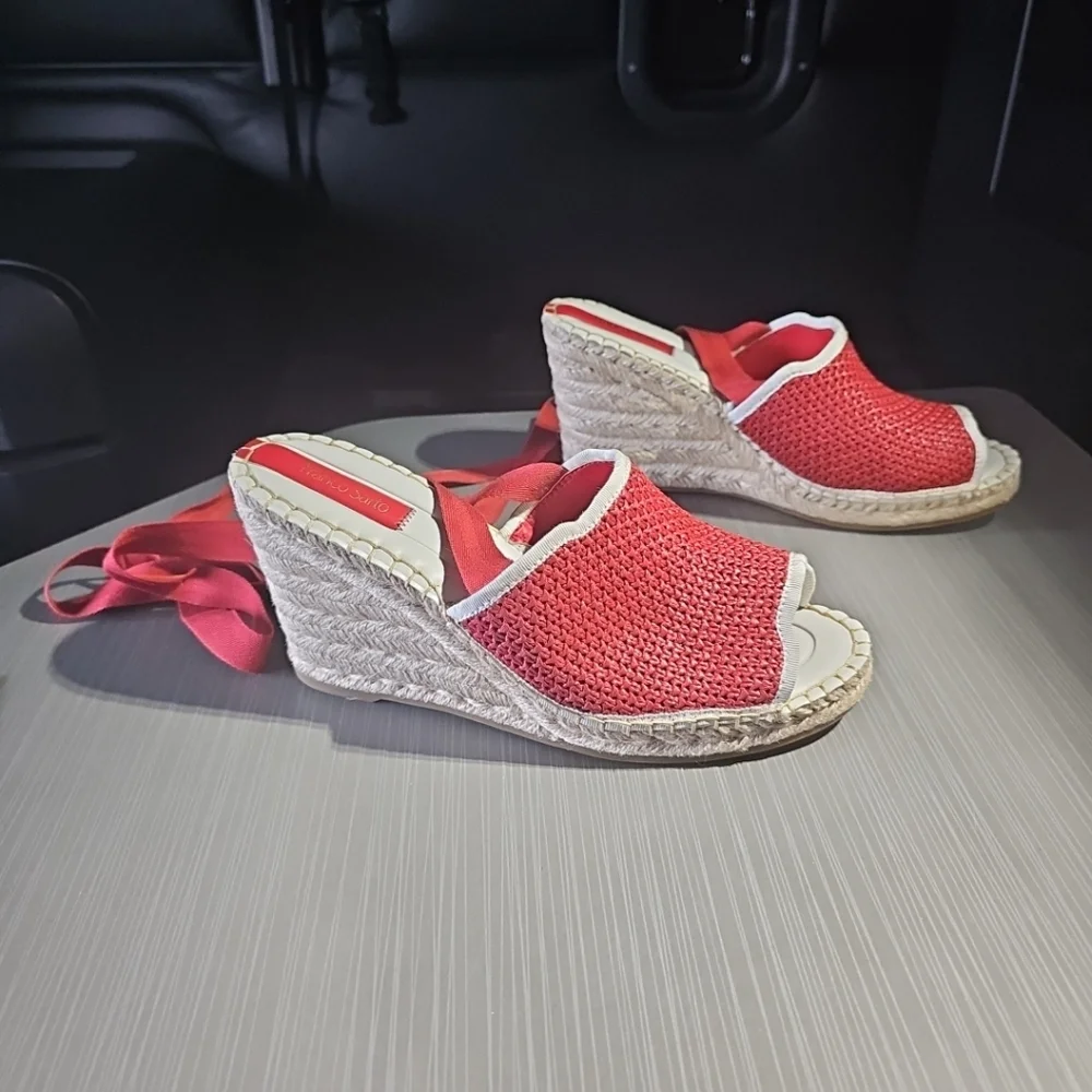 Red Woven Espadrille Wedge Sandals with Ankle Tie